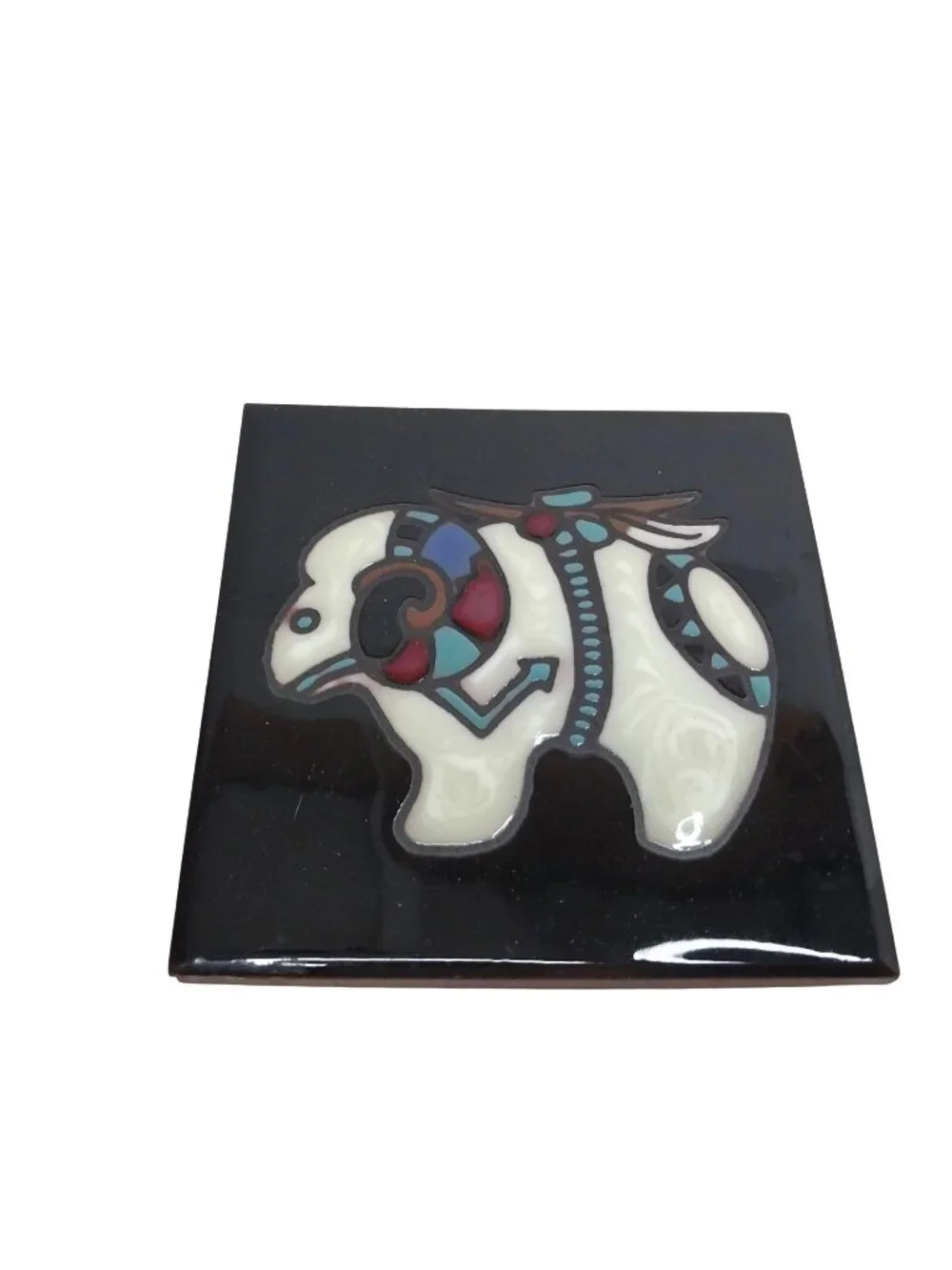 Cleo Teissedre Southwestern Native American Ceramic Tile Sheep Ram Fetish Trivet